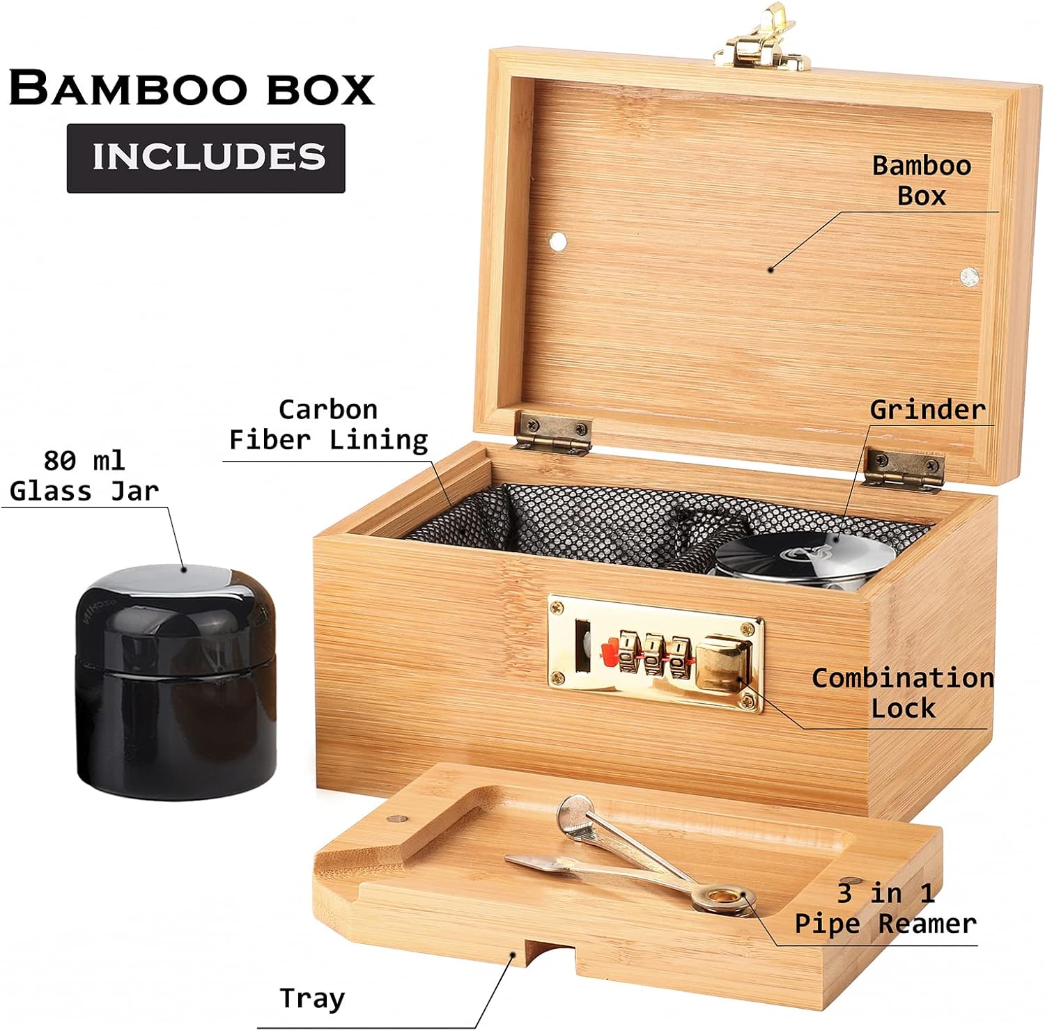 Bamboo Box with Combination Lock Decorative box for Home Locking Storage Bamboo Box Set with Glass Jar Tray Great Gift (M)