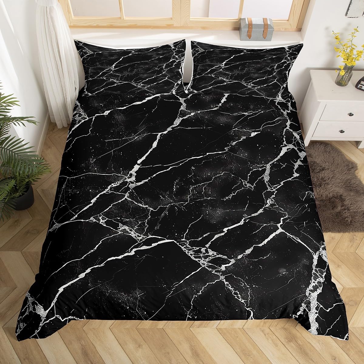 Feelingyou Women's Black White Marble Glitter Bedding Set, Watercolor Comforter Cover Set For Teens Room Decor,Retro Artwork Duvet Cover Breathable Modern Abstract Bedspread Cover Double Size(No Comforter)