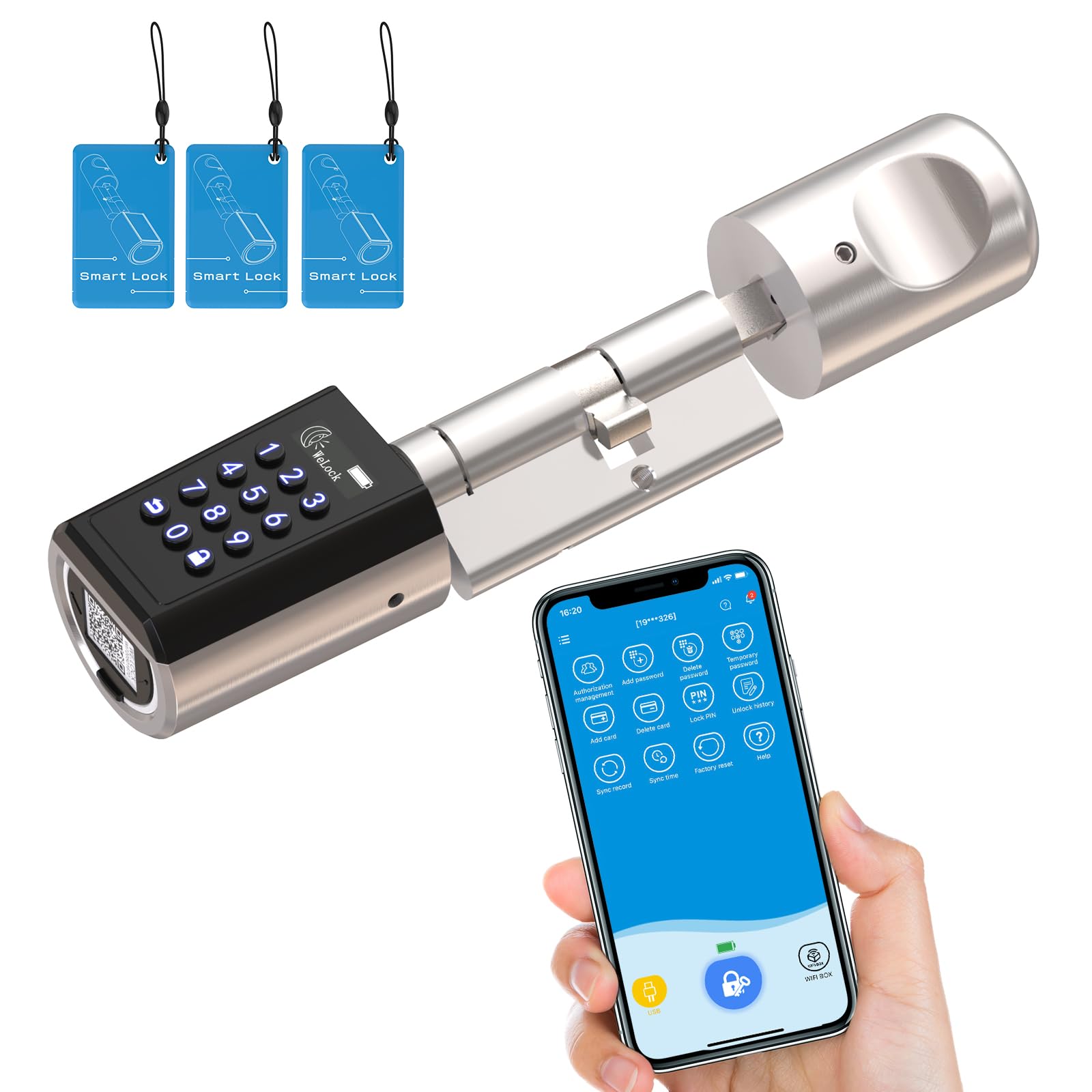 RUILON Serrure connectee porte entree PCB41 - IP65 Cylinder à code 40x30 | Serrure electronique avec 3 Cartes RFID, Installation facile, APP Commande, portes 50-100 mm, Code temporaire personnalisable