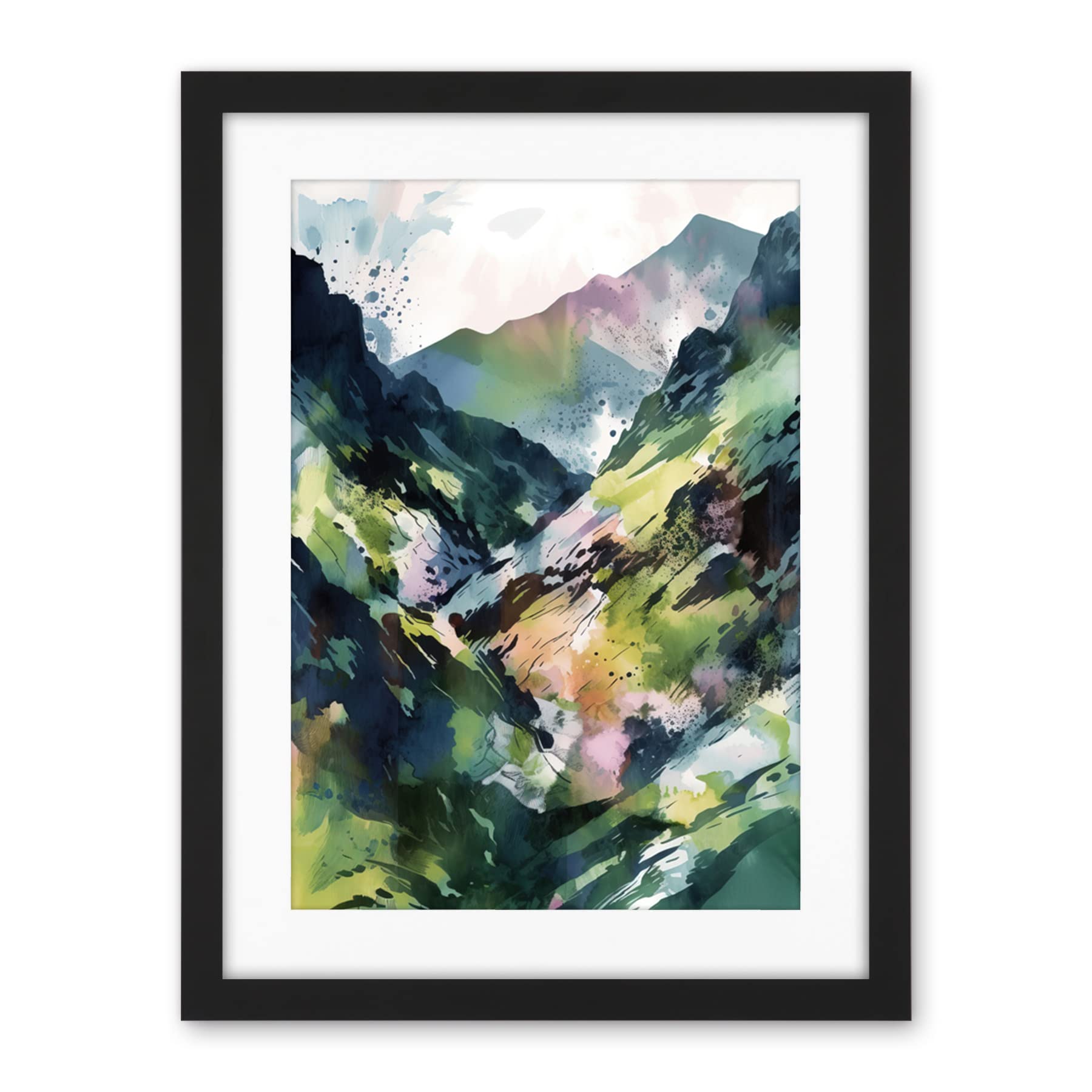 Artery8 Spring Mountain Slope Landscape Modern Linocut Illustration Print Artwork Framed Wall Art Print 18X24 Inch