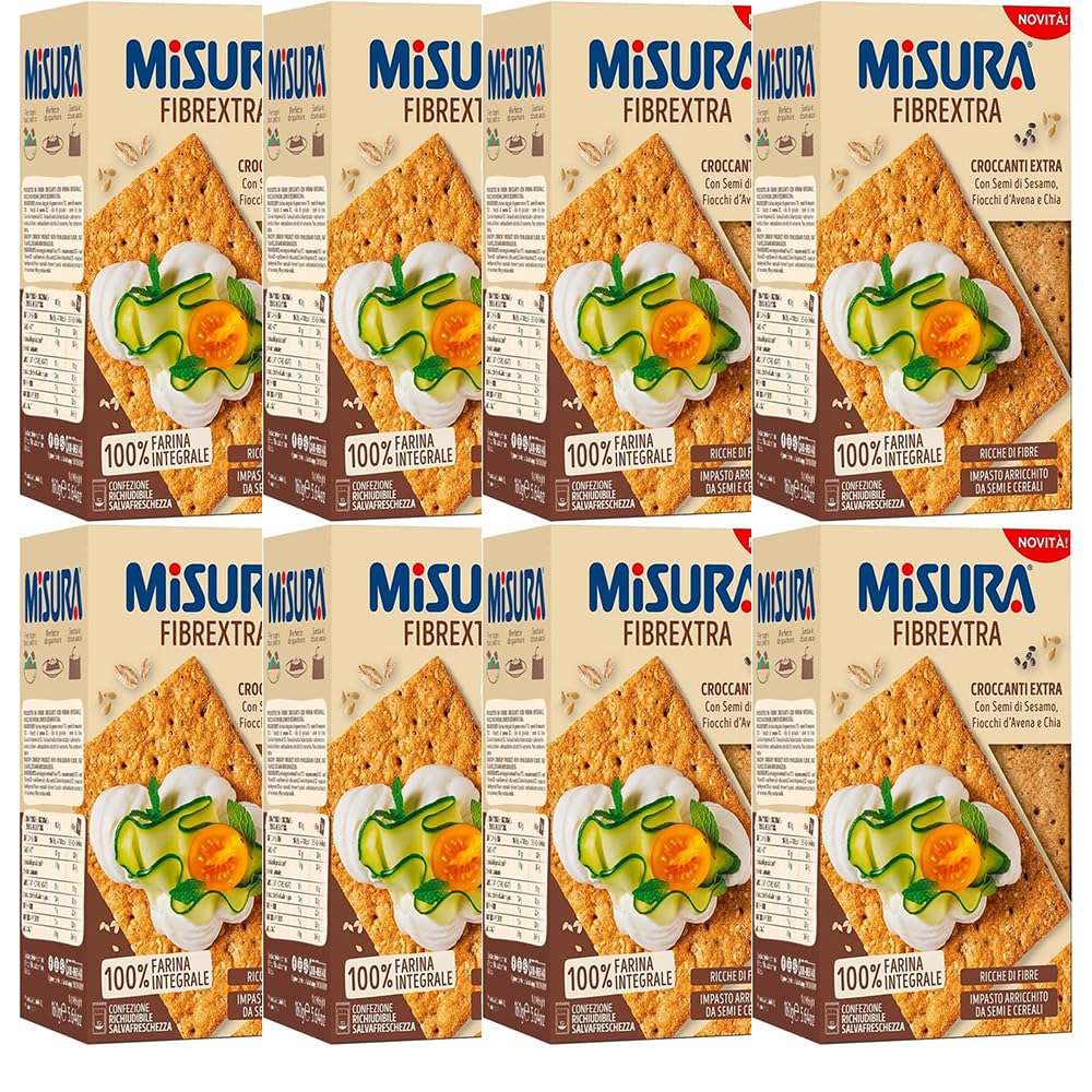 Misura Fibrextra Croccanti Extra, Farina Integrale con Semi di Sesamo, Fiocchi d'Avena e Chia, 160g, Confezione da 8