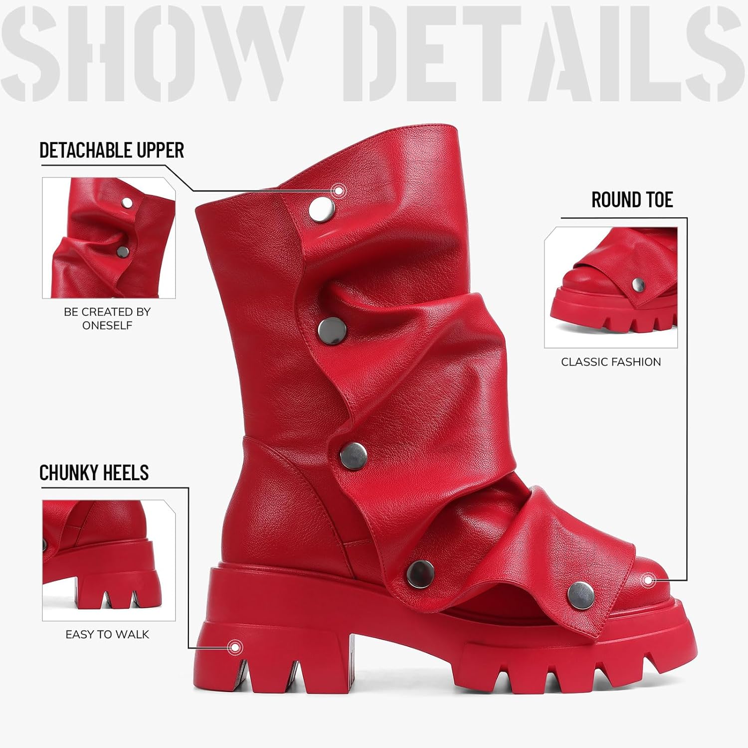 Celbreez Slouchy Boots for Women Fold Over Platform Boots Round Toe Pull On Leather Goth Boot Punk Mid Calf Chunky Stacked Heel 2025 Button Party Shoes Combat Motorcycle Boot - Image 5