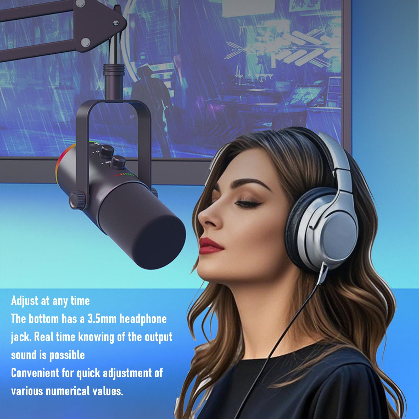 RiToEasysports Gaming-USB-Mikrofon, Dynamisches RGB-Kondensatormikrofon mit Galgenarm und Lautstärkeregler, PC-Gaming-Mikrofon aus Kunststoff und Metall für Streaming-Podcast-Aufnahmen (Black)