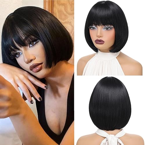 Short Black Bob Wig with Bangs 10 Inch Short Synthetic