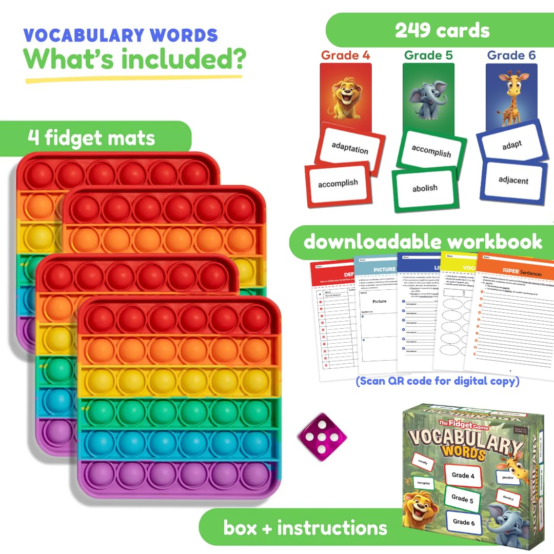 THE FIDGET GAME Vocabulary Words, Flash Card Game, Grade 4-6, Ages 9-12, Develop Communication and Reading Comprehension Skills, Fidget Mats, Learning Guide & PDF Workbook Included
