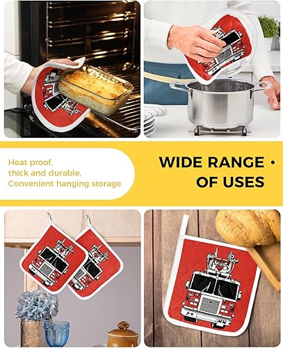 Miniatura 5 de 2 Packs Fire Engine Truck Pot Holders Sets for Kitchen,Oven Pan Plate Bowl Pads Heat Proof Mat with Hanging Loop,Thick Terry Cloth Potholders Soft