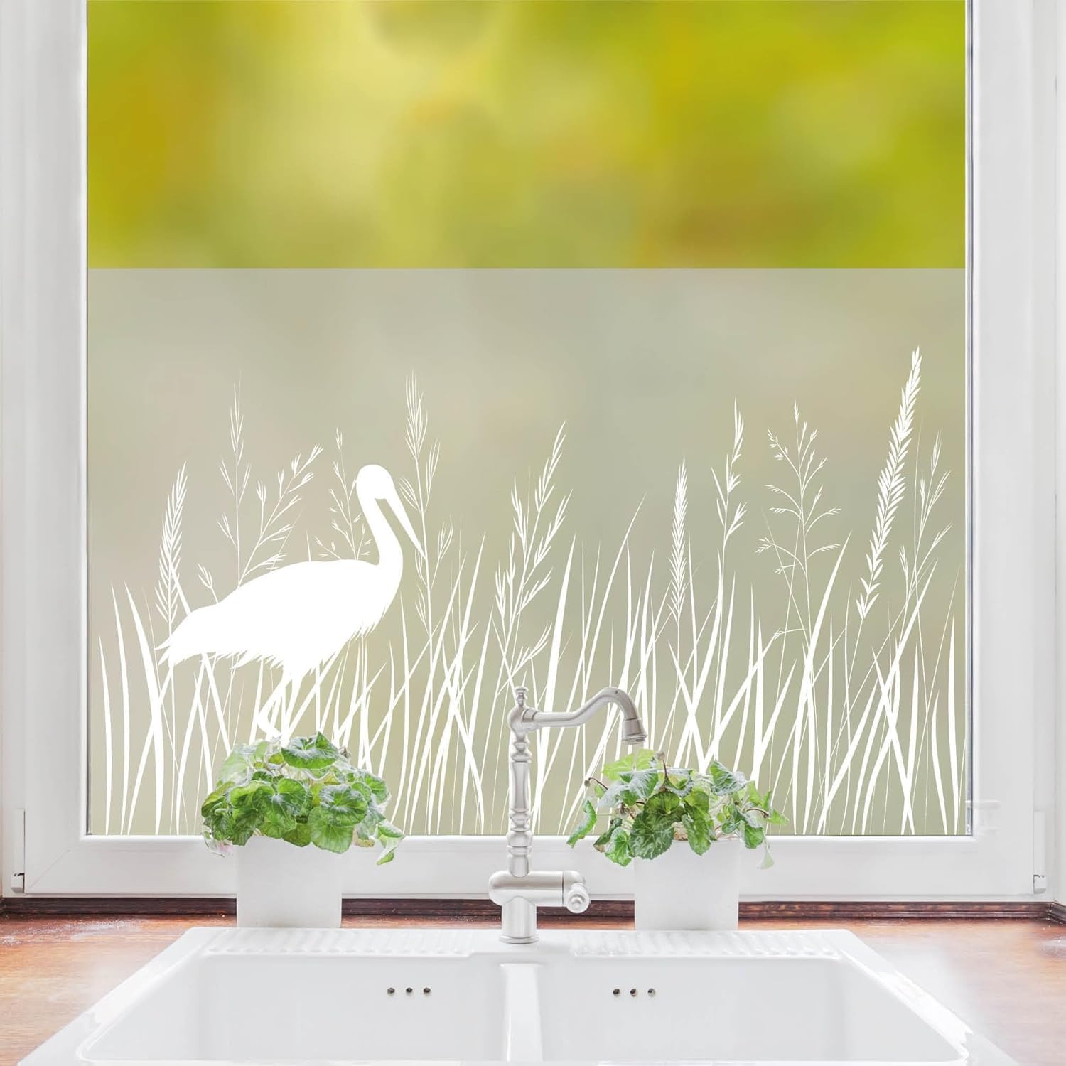 Sichtschutzfolie Storch und Gräser Wildblumen Florale Fensterfolie Fensterdeko Milchglasfolie Folie Fenster, 55 cm hoch, 200 cm breit