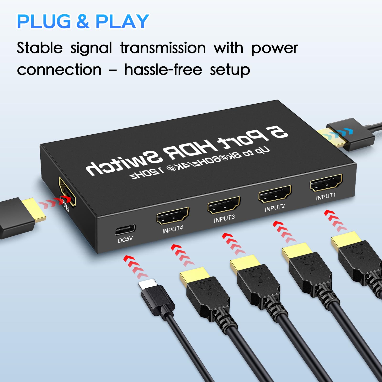 Switch HDMI 2.1 8K@60Hz 4K@120Hz, HDMI Switch 5 in 1 Out, con Telecomando, Supporta 48Gbps e HDCP 2.3 1080P UHD 3D Dolby Atmos Compatibile con PC,Monitor,PS4,TV Stick,Proiettore,HDTV,Lettore Blu-Ray