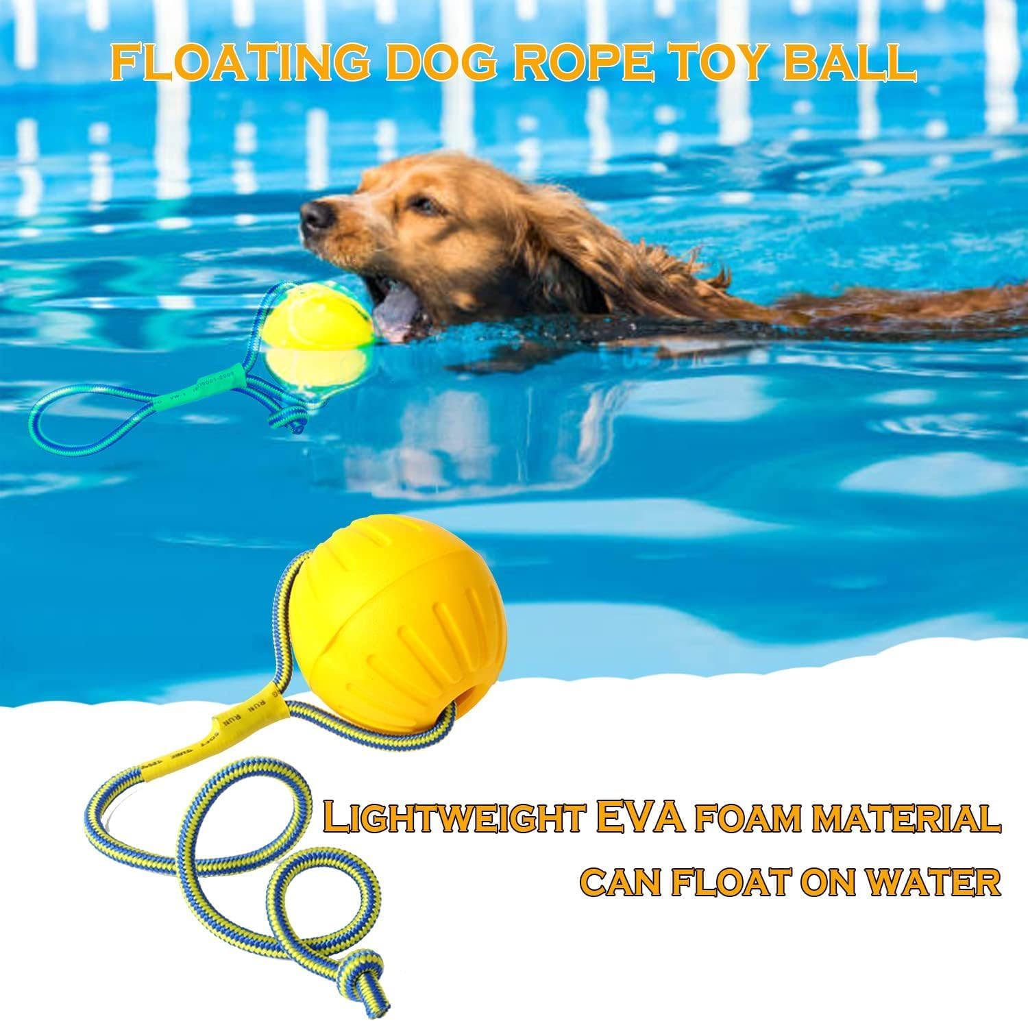 Dog Ball On a Rope Dog Toy, Floating Foam Dog Ball with Rope, Tug Ball Toy for Small Medium Large Dogs Fetch, Catch, Throw, Training (Yellow)