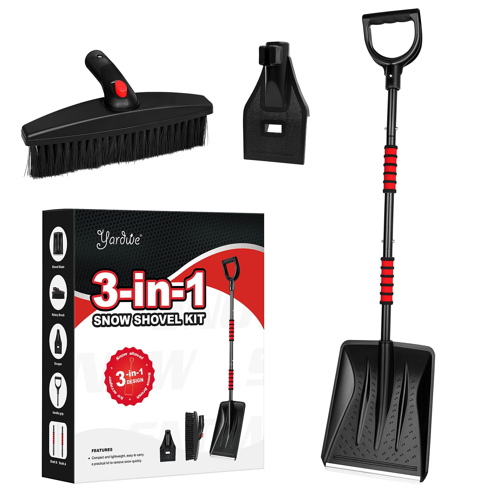 Yardwe 2025 NEW 3-In-1 Schneeschaufel Besen Set mit Eiskratzer und Schneebürste Abnehmbarer Tragbarer Schneeschieber für Auffahrt Garten Wohnmobilen