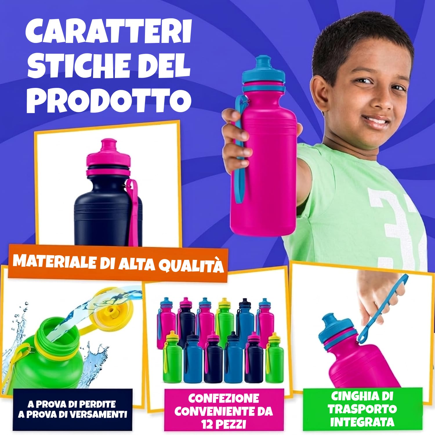 Bedwina Kids Bottiglie d'acqua, confezione da 12 – Bottiglie da 532,3 ml senza BPA con tappo sportivo e manico per la scuola e le attività