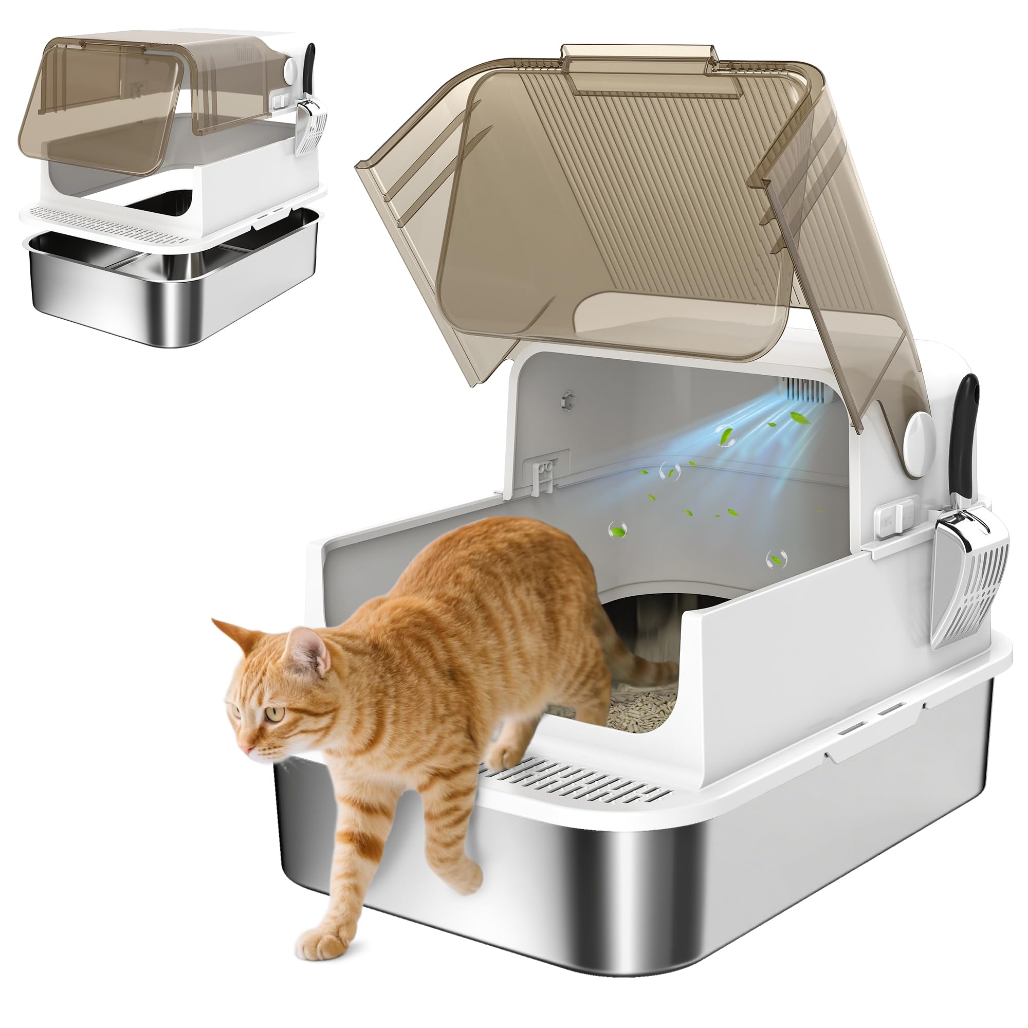 PawHut Bac à litière pour Chat fermé avec Pelle 70 x 50 x 46,5 cm Blanc | Maison de Toilette pour Chat, Acier Inoxydable, Couvercle Ouvrable, Anti-Fuite, Nettoyage Facile