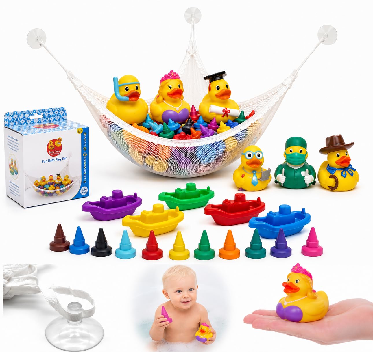 21PCs Bath Toys Set for Toddlers - Character Rubber Ducks, Bath Crayons, Floating Boats & Bath Toy Storage Net, Baby Bath Toys for Boys & Girls 12+ Months