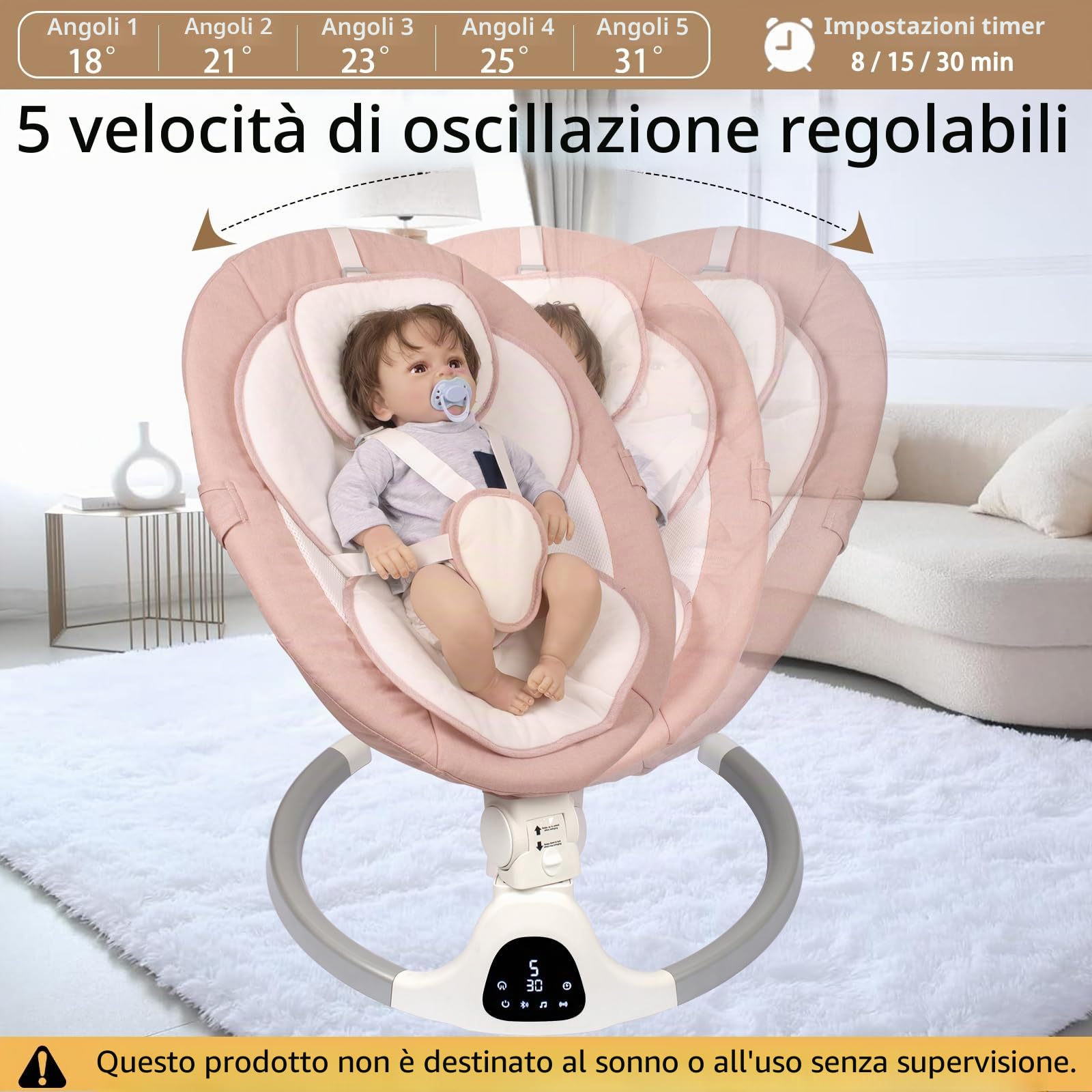 JFOVMCYG Altalena Elettrica per Neonati con Telecomando, 5 Velocità di Oscillazione, 10 Ninne Nanne, Timer 8/15/30 Min, Cintura di Sicurezza a 5 Punti, Seduta Morbida Lavabile, Uso Interno – Rosa