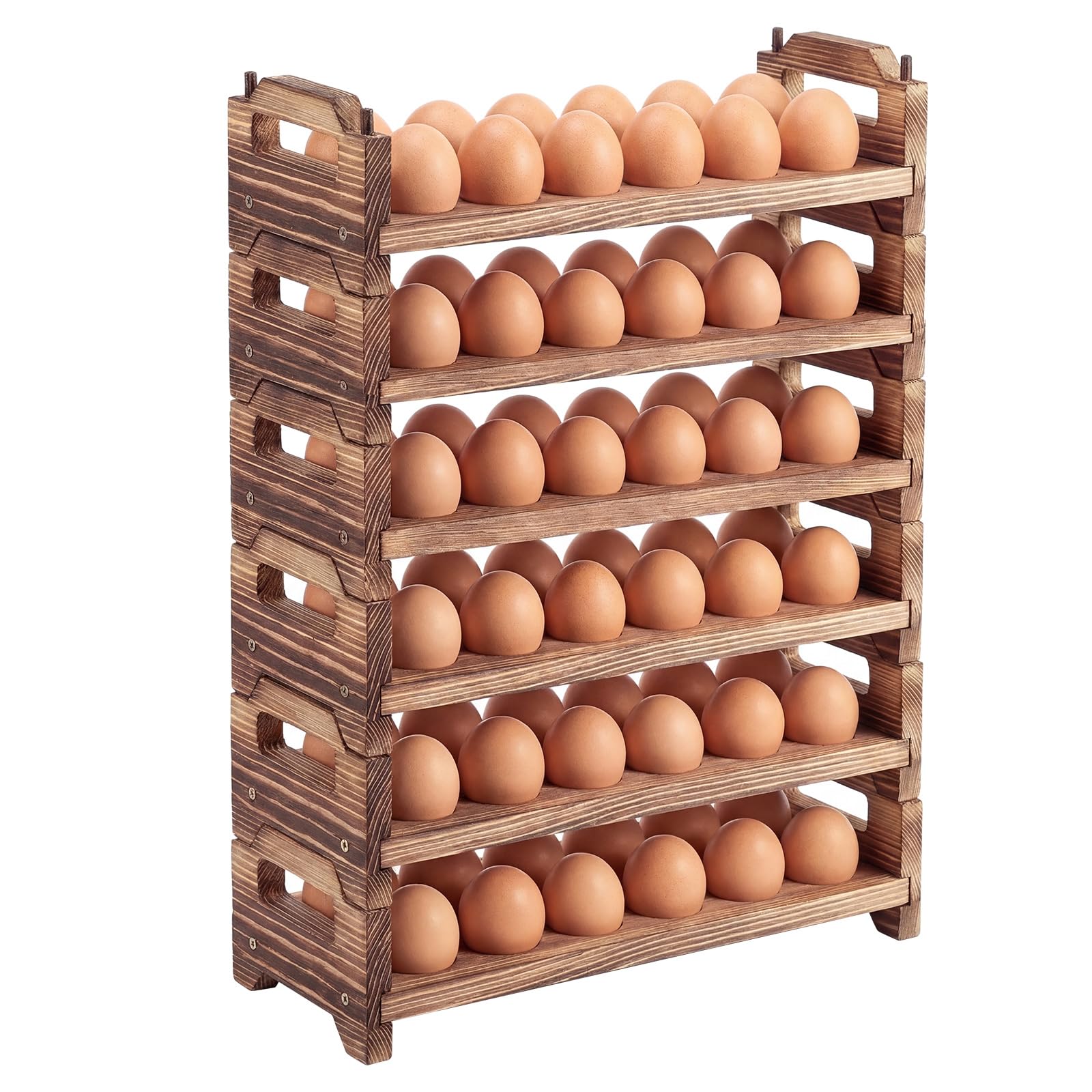 Maxcheck Soporte para huevos de madera de 6 capas para encimera, apilable, soporte para huevos de madera, almacenamiento de hasta 72 huevos, estante para huevos con asas, estante para huevos,