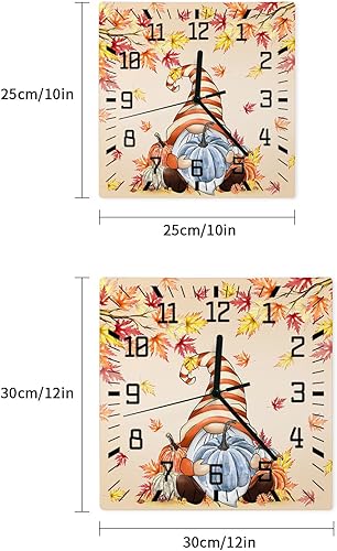 Miniatura 7 de Thanksgiving Wooden Wall Clock Silent Non Ticking, Fall Pumpkins Gnomes Maple Tree Leaves Square Wall Clock Battery Operated, Decor Clock for Home