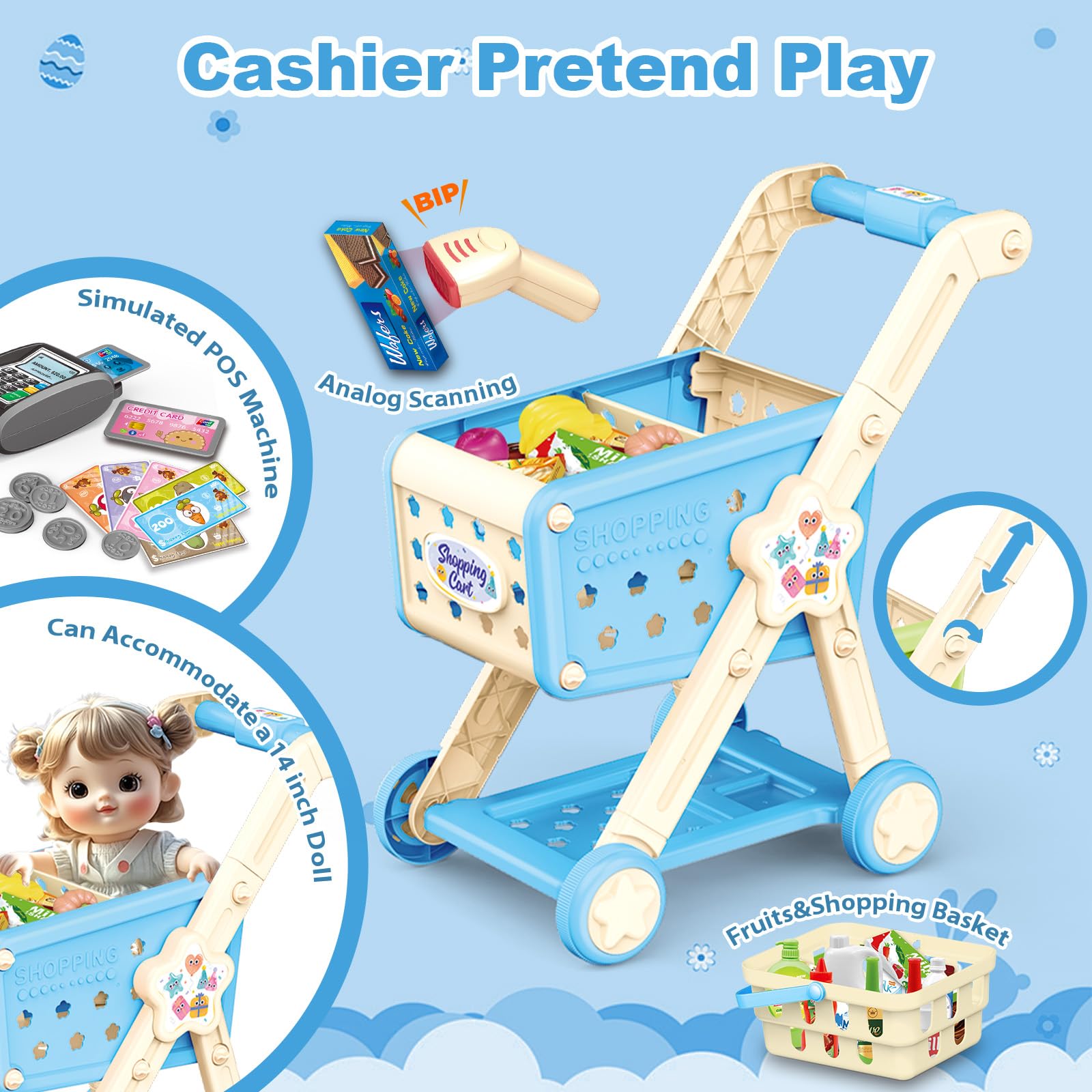 RedCrab Carrello Spesa Giocattolo con Scanner, 74 Pcs Accessori per Negozi: Calcolatrice, Carte di Credito, Frutta e Cibo, Gioco di Ruolo Giocattolo per Ragazzi e Ragazze 3+ Anni (Blu)