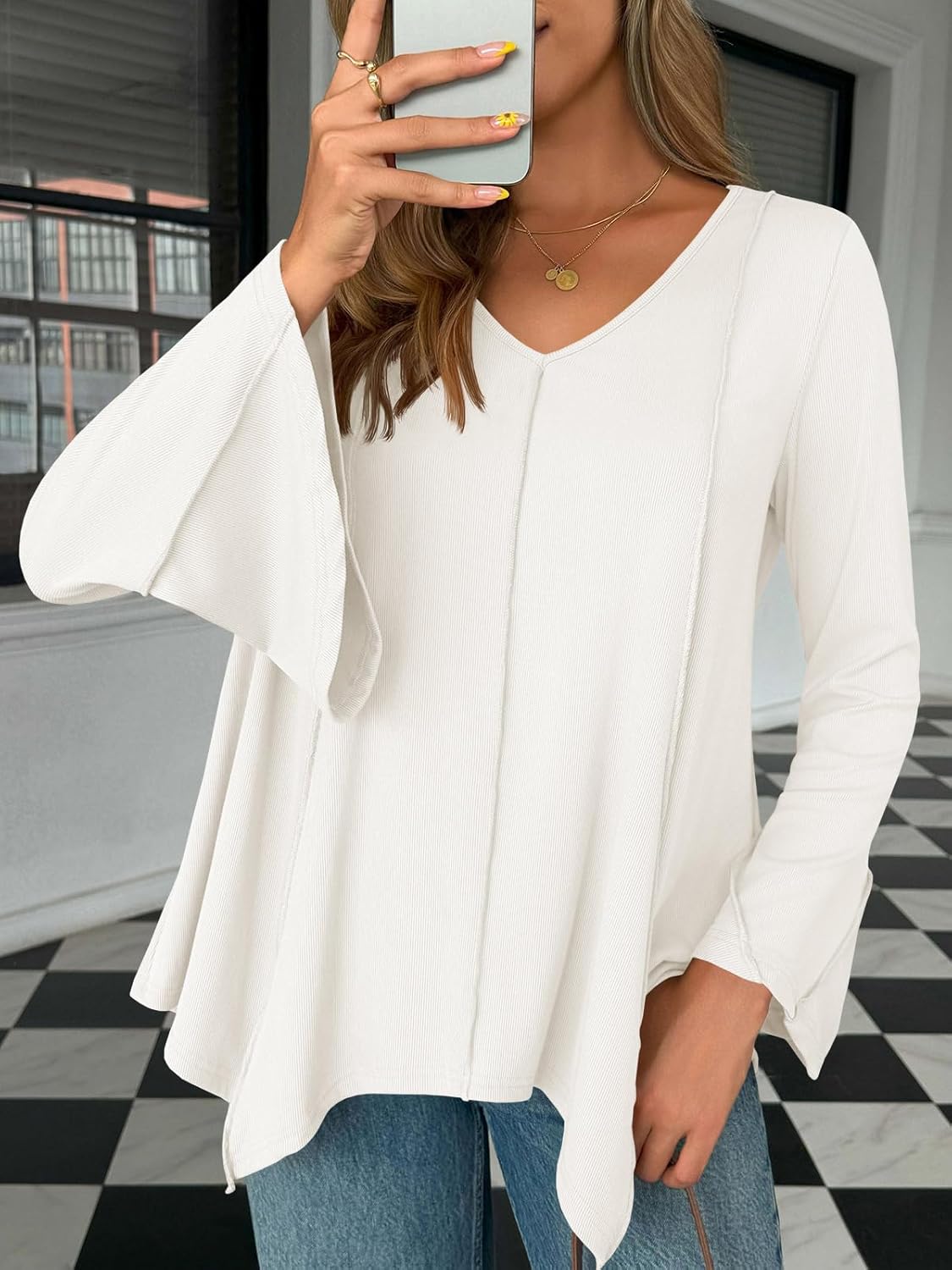 Tankaneo Womens Long Bell Sleeve Tops V Neck Asymmetrical Hem Ribbed Shirts Flowy Trendy Loose Fit Tees Tunic Shirts - Image 2