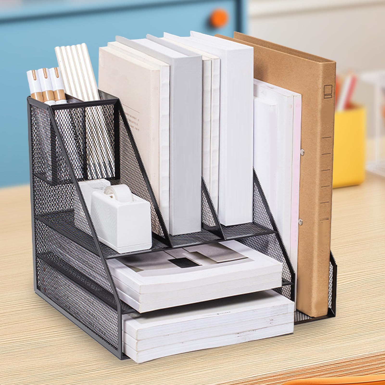 Vassoio per lettere a 3 ripiani in rete metallica nera, con 2 portapenne, per ufficio, casa e scuola, soluzione di archiviazione ideale per una nizzazione efficiente