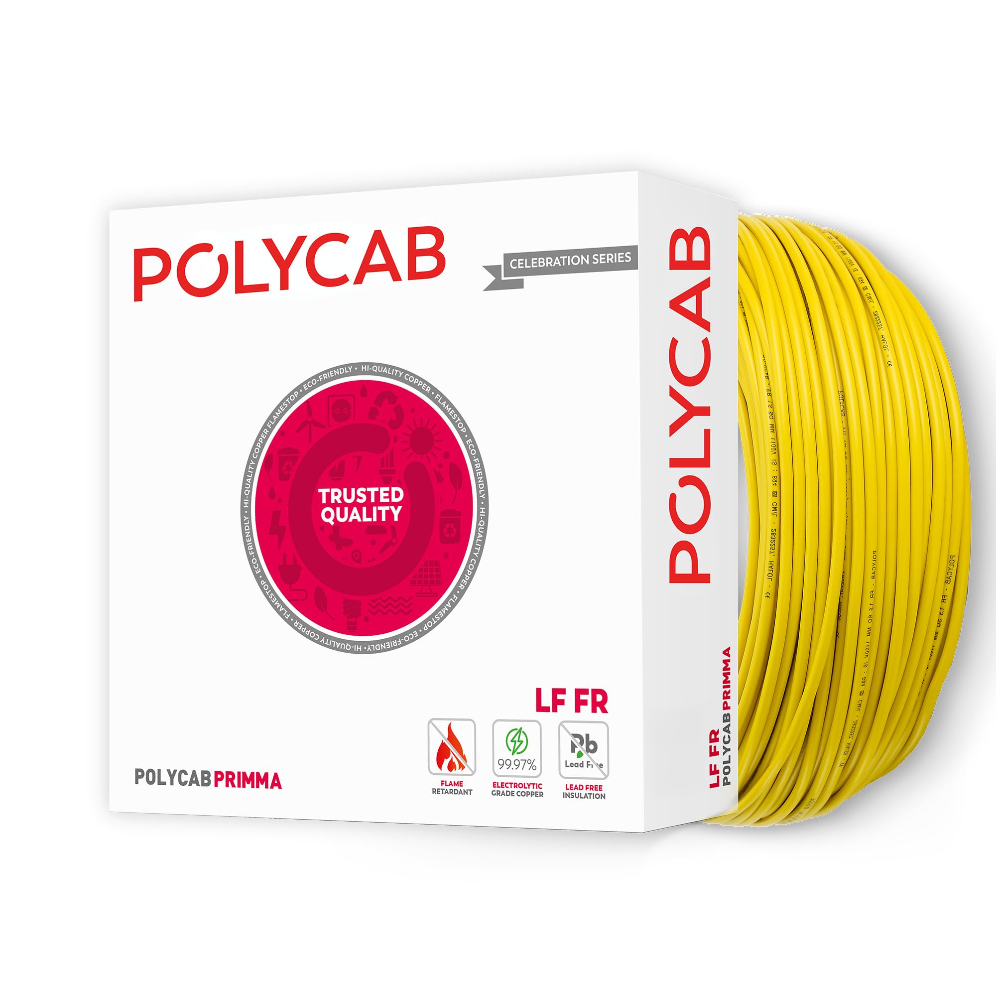 Polycab Primma 90m, 2.5sqmm. •Heat Resistant •Eco Friendly • Lead free PVC insulation •Mositure resistant •Flame Retardant •99.97% Electrolytic Grade Copper【Yellow】