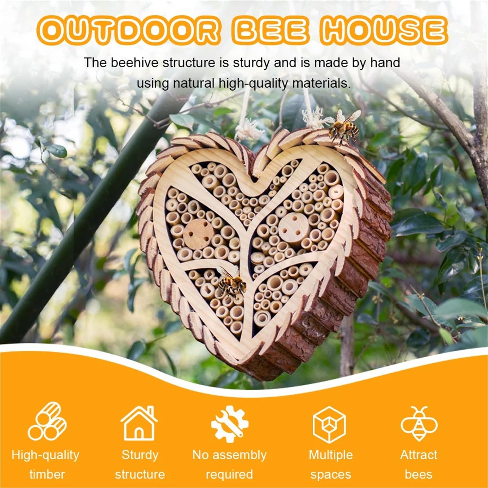 Herzförmiges Bienenhaus aus Holz mit Bambusröhren, Bienenstock, hängendes Insektenhotel for Bestäuber Bienenhaus-Werkzeug
