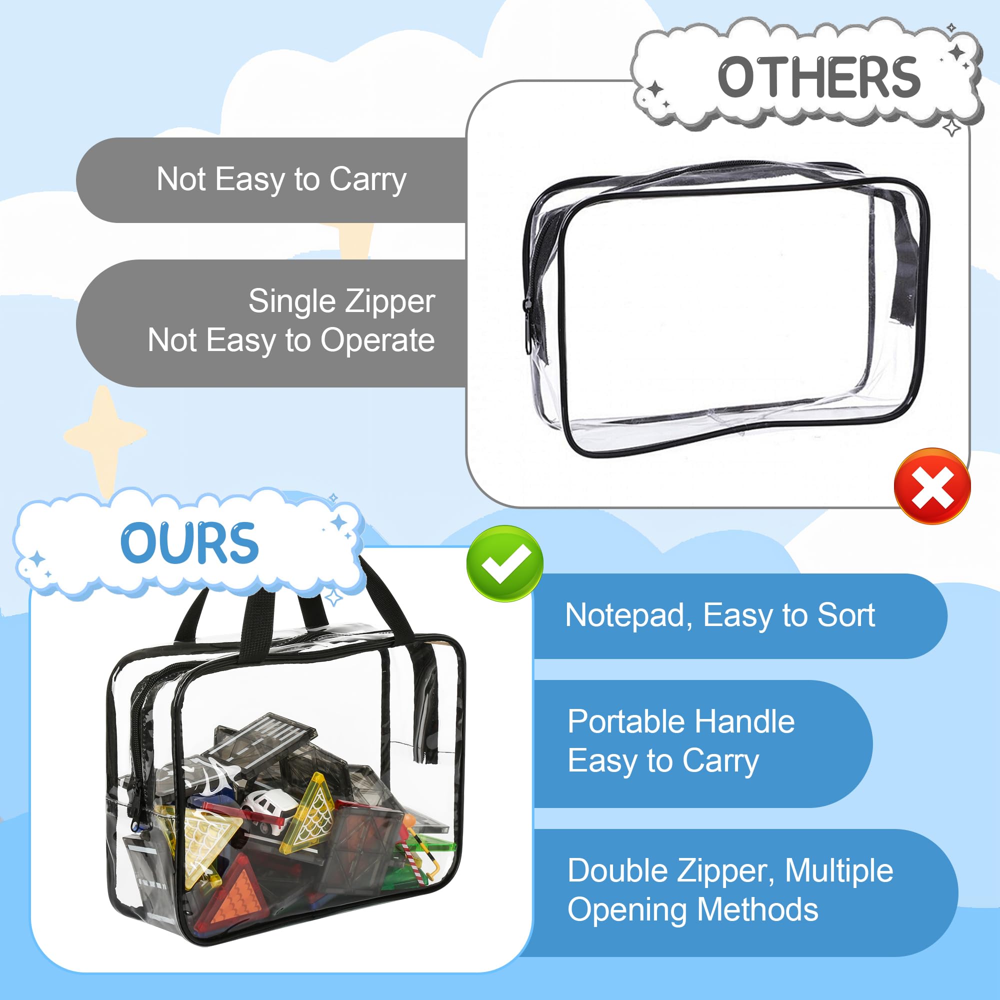 SUPXYC 8PCS Toy Storage Bags, Reusable Clear PVC Board Game Storage, Clear PVC Toy Organizer Bags with Zipper & Labels, for Organizing Puzzles, Building Blocks, Board Game, Kids Books (Black)