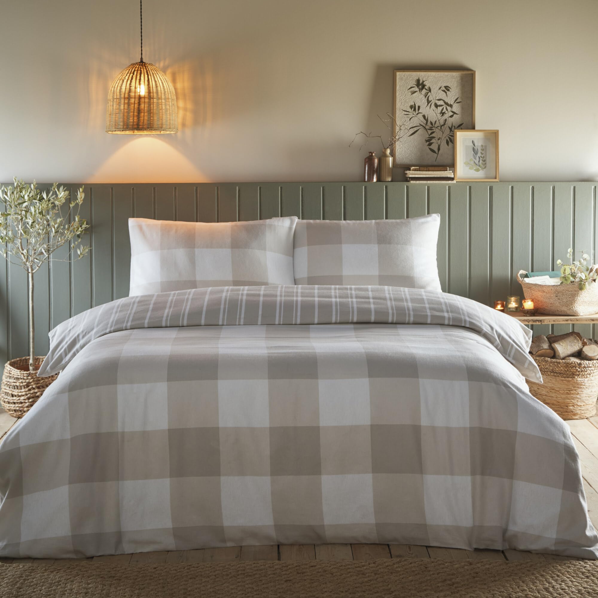 Portfolio Home Glenmore Check Striped Reversible Duvet Cover Set - Single - Natural