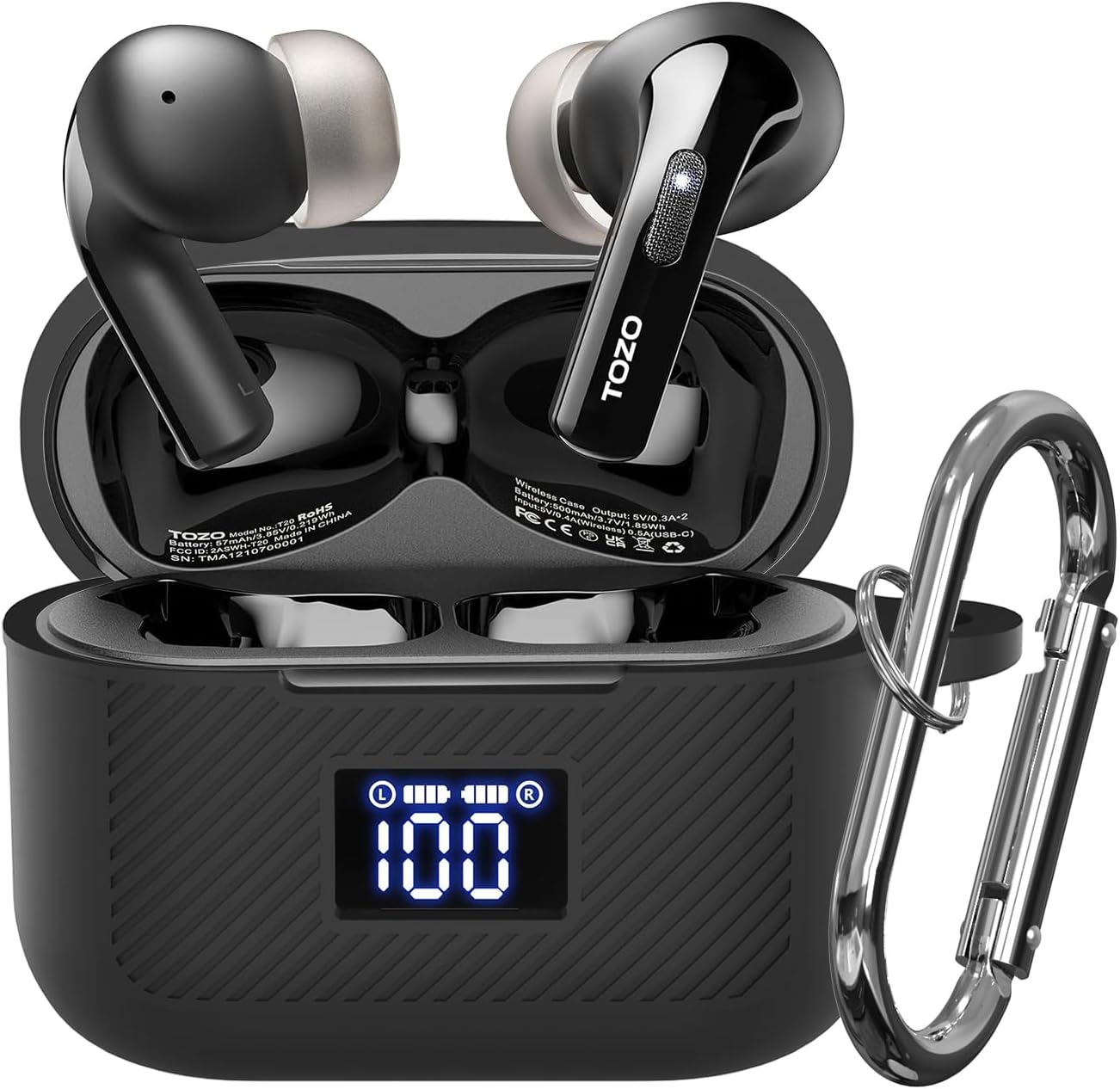 for TOZO T20/T21 Case Cover, Soft Silicone Protective Earbuds Case Front LED Visible, Compatible with TOZO T20/Tonal Fits T21, Headphones Case with Carabiner Accessories Set (Black)