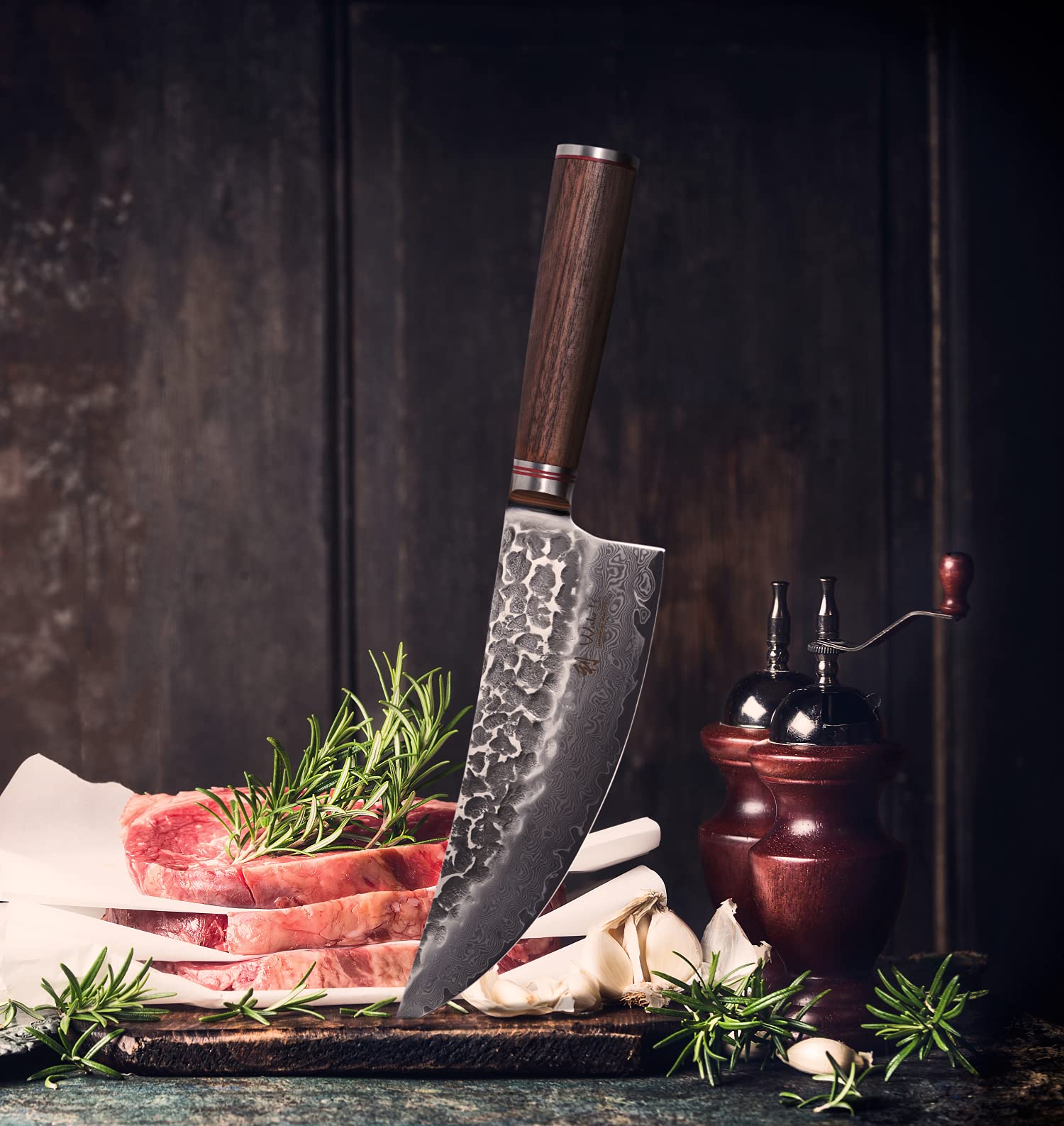 Wakoli Nussbaum Premium Wiegemesser mit 21,5 cm Klinge gefertigt aus 67 Lagen echtem Damaststahl mit Nussbaumholzgriff I Damastmesser Küchenmesser und Profi Kochmesser