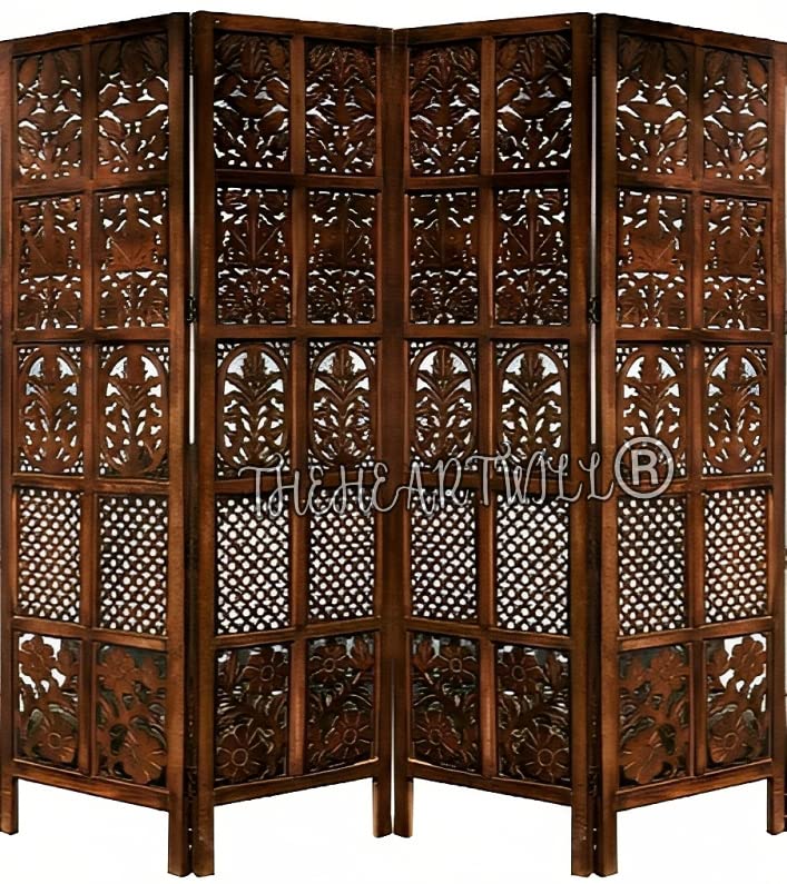 Image of THEHEARTWILL Partition Wall Divider | Wooden Partition for Hall, Living Room, Open Kitchen & Pooja Room | Room Divider 4 Panel | Room Separator (Brown-x4)