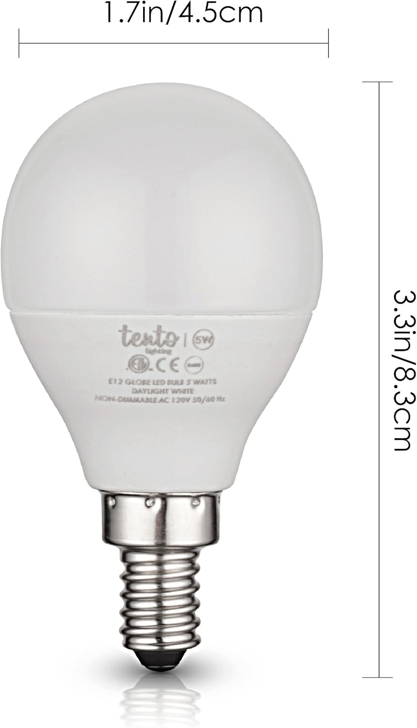 tento E12 LED Bulbs 5w Soft White Small Candelabra Edison Base Globe Shaped Energy Saving Ceiling Fan LED Light Bulbs, Warm White, 240 Degrees Beam Angle 120v 5w 450lm 3000k