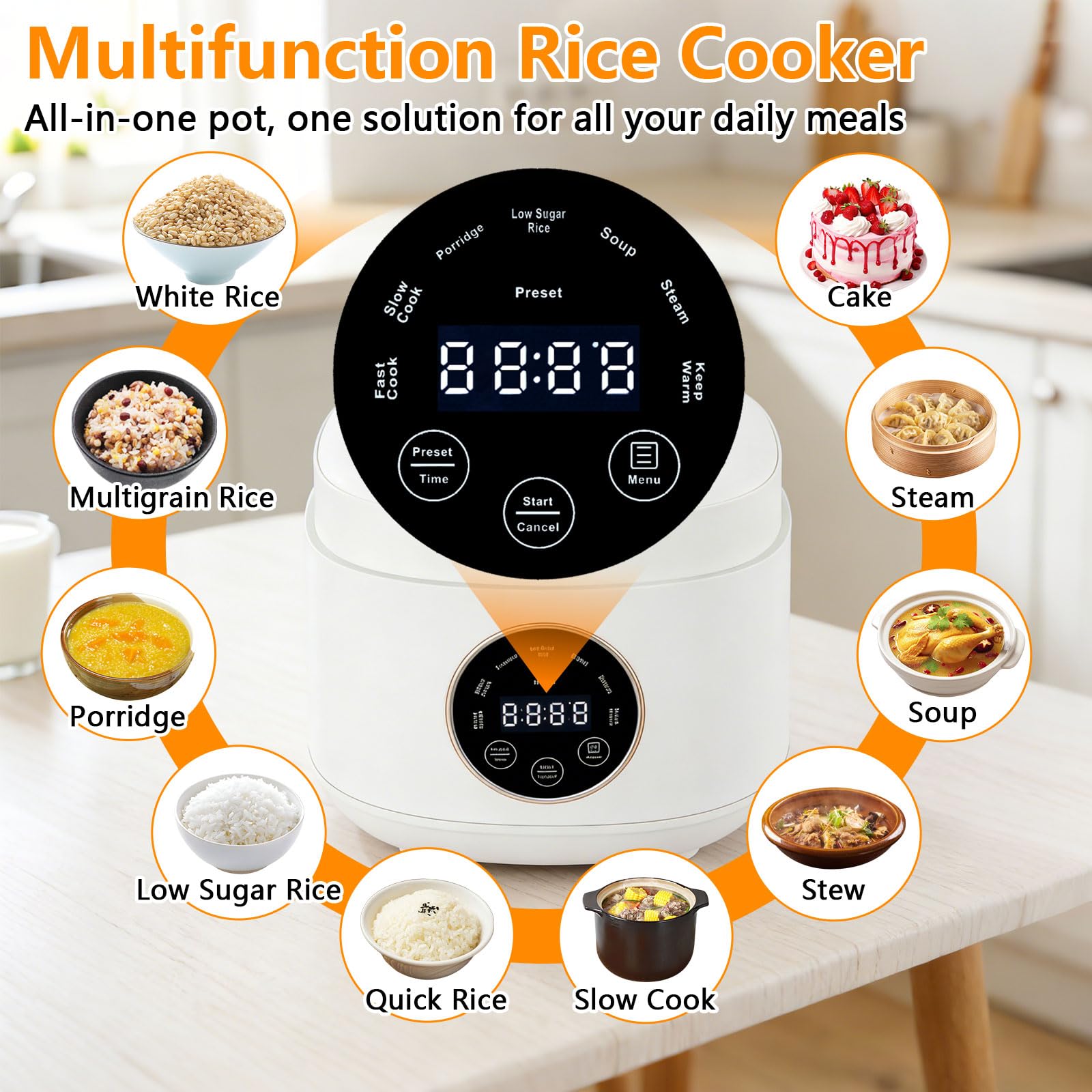 2L Low Sugar Reiskocher, Rice Cooker mit Low Carb Funktion, 500W Digitaler Multikocher mit 24-Stunden-Verzögerungstimer und 8-Warmhaltefunktion – Ideal für Weißreis, Brei, Suppen und Getreide