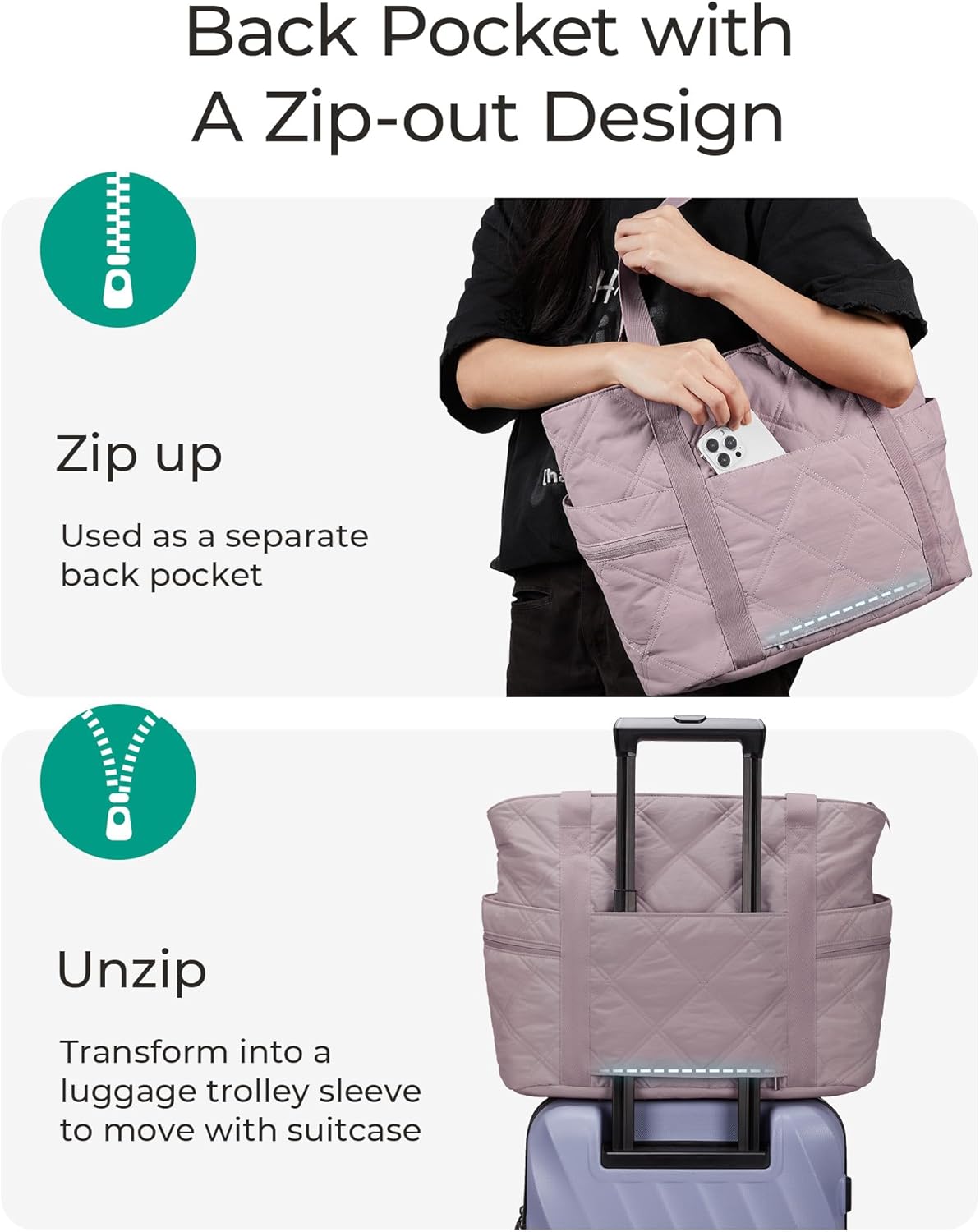 BAGSMART Crush Tote Bag for Women, 20L Puffer Work Tote with Zipper, Travel Essentials Quilted Nurse Hospital Bag - Image 4