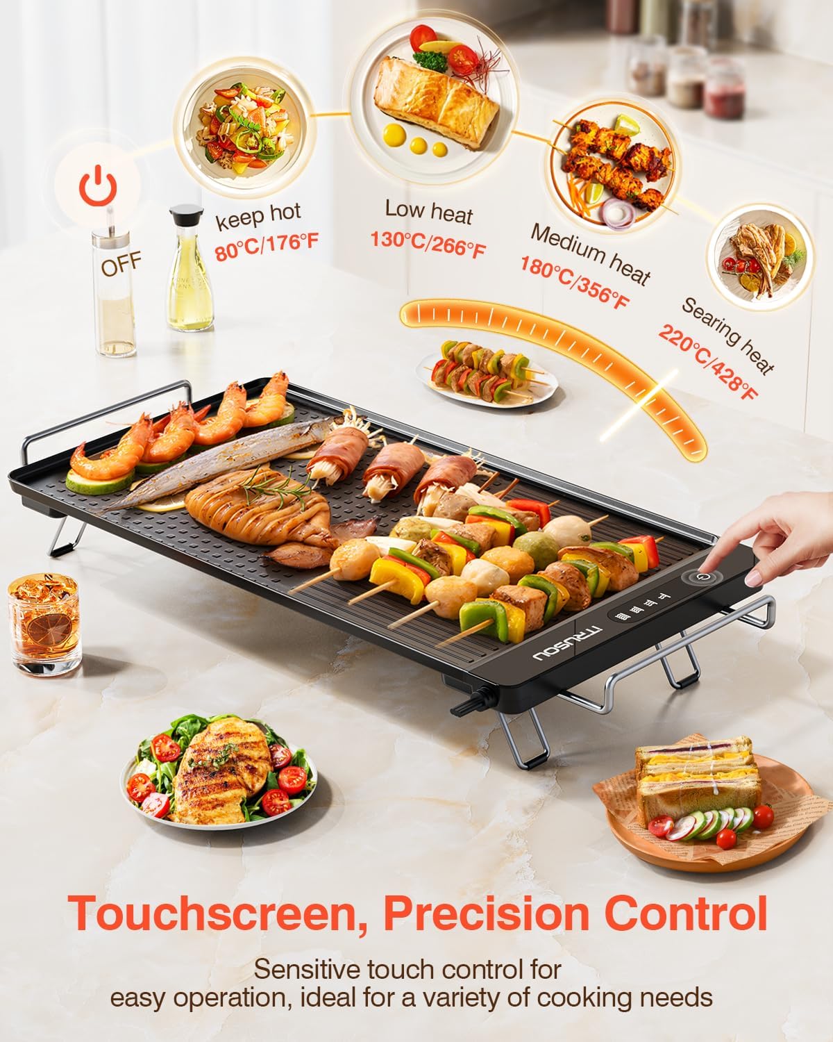 Silicone Electric Warming Tray with 7 Temp-Settings and Electric Griddle with Removable Touch Panel, 1300W Fast Heating in 10S