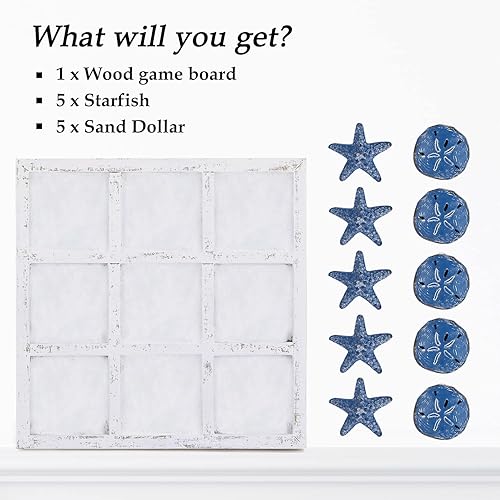 Miniatura 5 de NIKKY HOME Decoración de playa Tic Tac Toe 5 dólares de arena y 5 piezas de estrella de mar Juego de viaje en tablero de madera para decoración de
