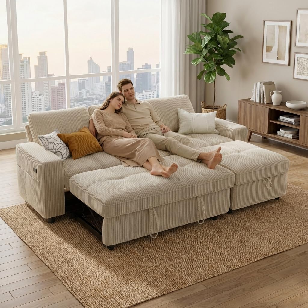 WEUP 81" Sectional Sofa with Pull Out Bed, L Shaped 3 Seat Sleeper Sofa with Storage, Adjustable Backrest, USB Ports, Tool-Free Assembly, Plush Corduroy Sectional Couches for Living Room, Beige | Breathable material, Tool-Free Assembly, Reclining Backrest
