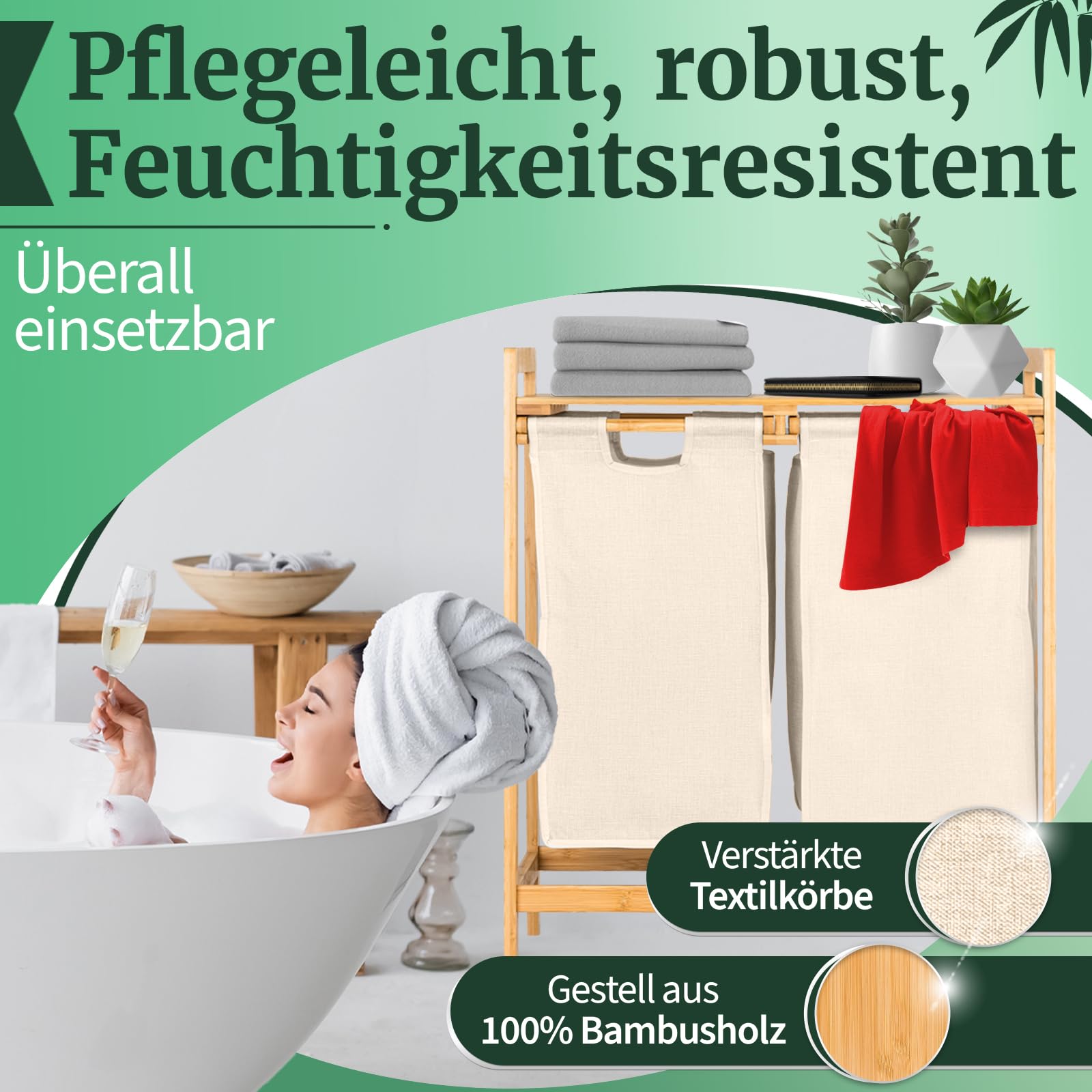HEIMWERT Wäschekorb Holz Wäschesammler Bambus - Für ein schönes Zimmer und perfekte Ordnung - Aufbewahrungskorb Regal Korb laundry baskets ausziehbarer Wäschekorb mit Deckel und 2 Fächer (beige)