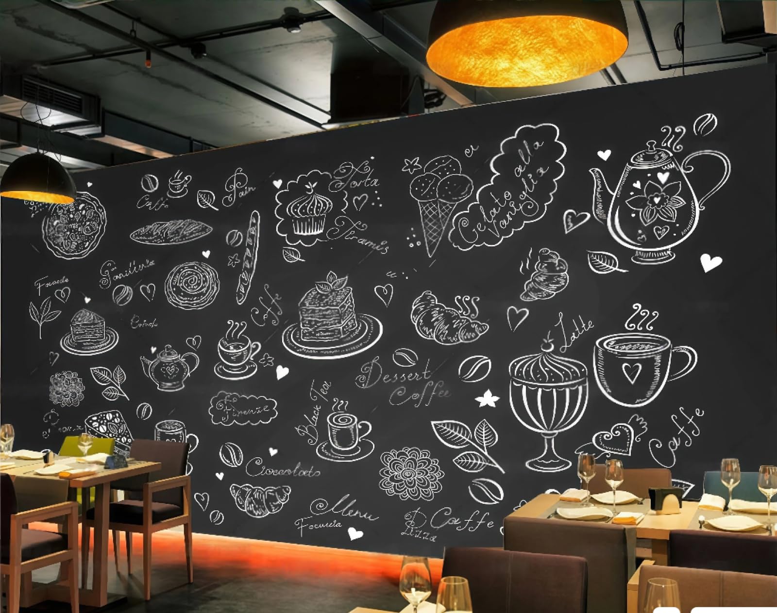 XDOUBAO Wallpaper Fashion Blackboard Hand-Painted Chalk Painting Dessert Baking Theme Afternoon Tea Western Restaurant Background Wallpaper Coffee Shop Mural,3D,300x210cm