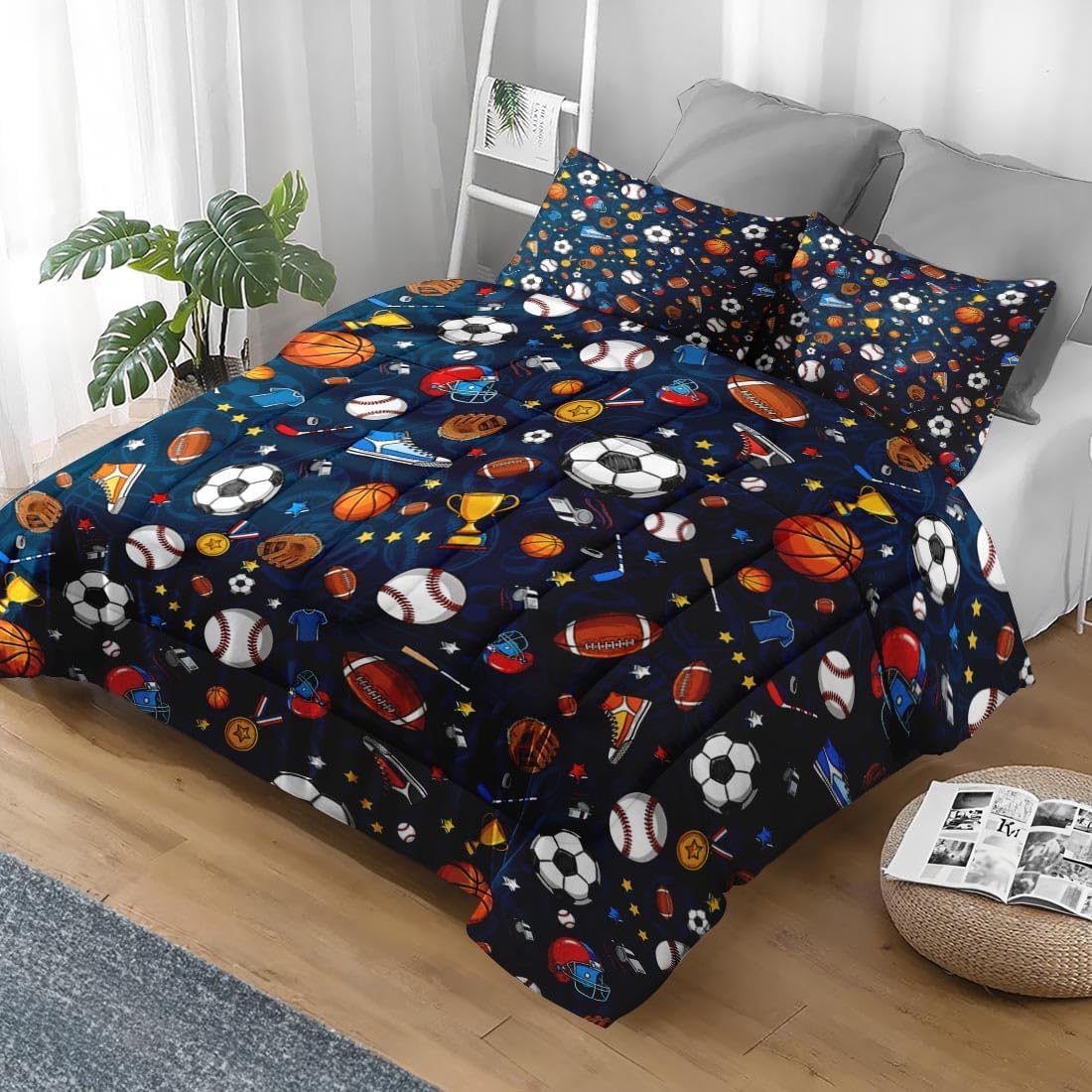 Queen Size Bedroom Comforter Set with 2 Pillowcases, Blue Sports Hat Baseball Basketball Football, Bedding Decor Navy Rugby Ball 3D Soccer Hockey Soft Cozy Bed Set for Kids and Adults