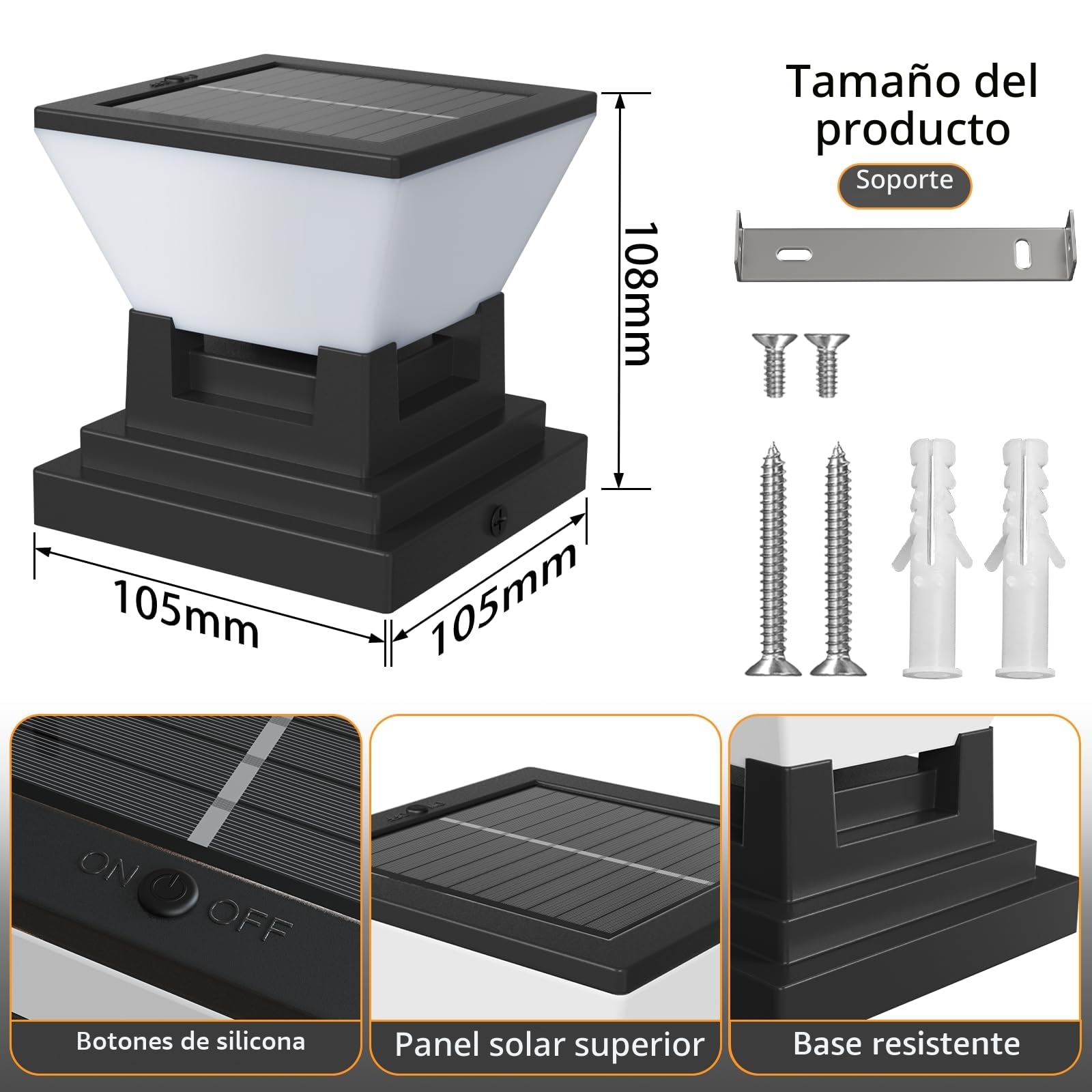 ACMHNC Farola Solar Exterior, 2 Piezas Luz Solar Exterior Jardin Para Postes de Valla 7x7 8x8 9x9 10x10cm, Ip65 Lampara Sobremuro Exteriores, 3 Modos, Para Jardín Valla Postes Madera