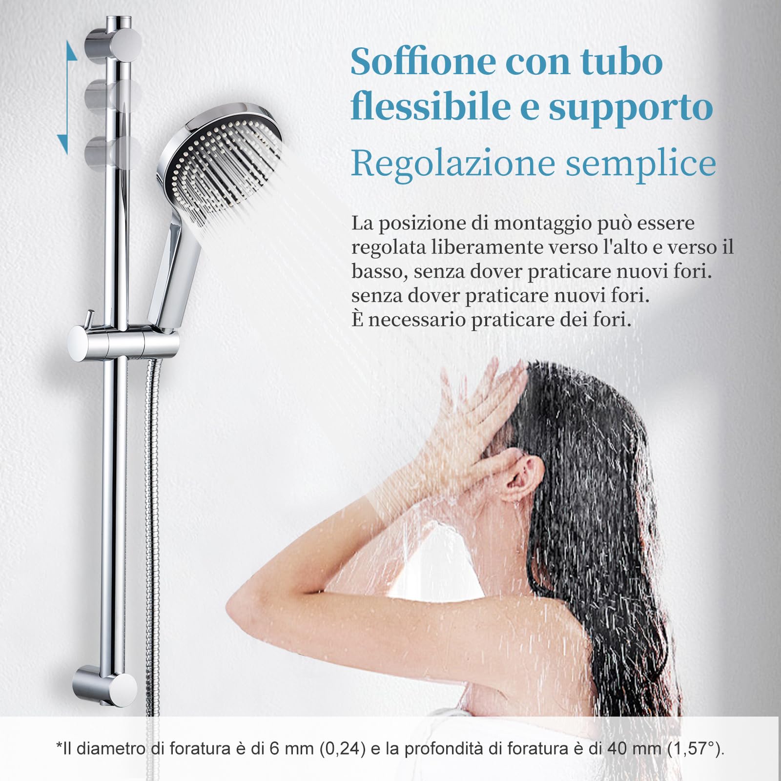 OFFO Asta per doccia con 6 tipi di getto, tubo in acciaio inox 1,6 m, tubo montante regolabile da 60 cm e doccetta cromata