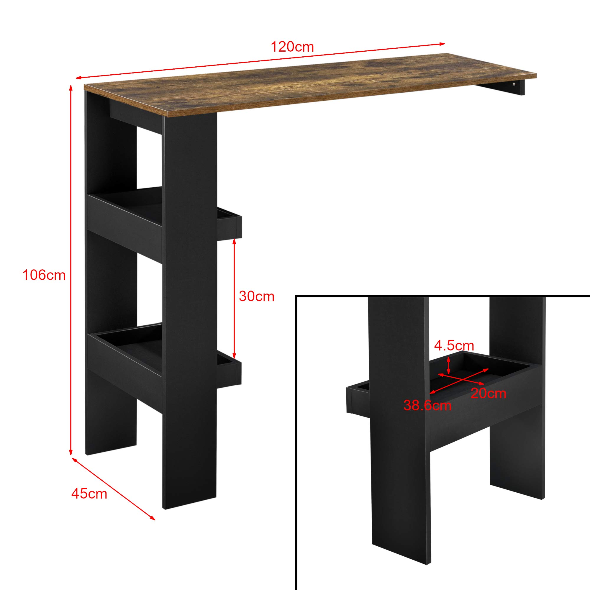 [en.casa] Bartisch Bromölla 120 x 45 x 106 Stehtisch für Wandmontage mit Ablagen Schwarz/Eiche dunkel