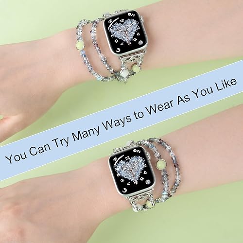 Miniatura 5 de TOMAZON Bling Crystal Beaded Bracelet with Night Luminous Pearl Compatible for Apple Watch SE Band 38mm 40mm 41mm Series 9 8 7 6 5 4 3 2 1