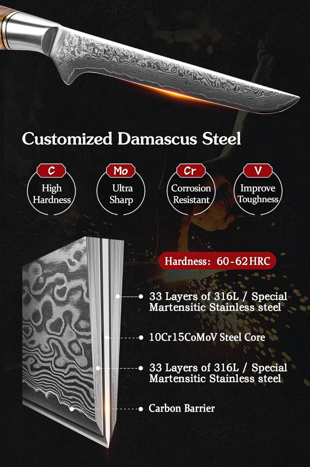 HEZHEN Damascus Boning Knife, 67 Layer Damascus Steel Fillet Knife Kitchen Knives,Figured Sycamore Wood Handle