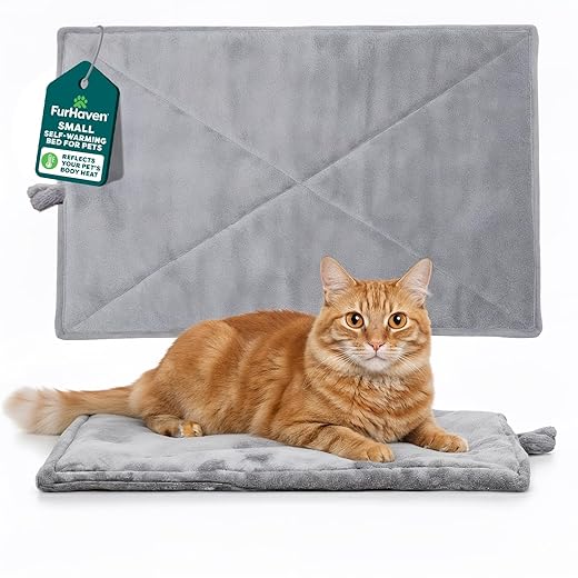 FurHaven ThermaNAP Self Warming Cat Mat/Dog Bed for Crates with Self-Warming Technology for Cozy Rest, Fully Machine Washable, Small, Plush Faux Fur, Gray