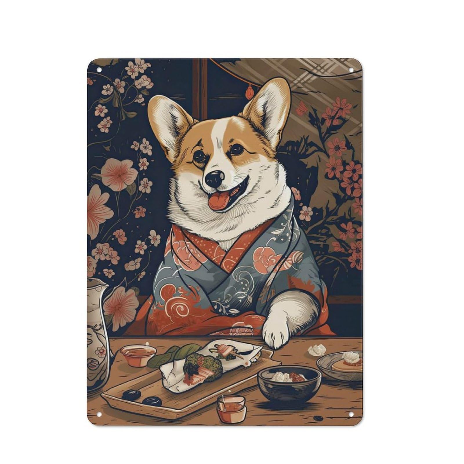 Junmoney Style-4 Metal Wall Sign 40X30cm Featuring Corgi Dog Japanese Food For Café Or Restaurant, A Decorative Metal Sign For Cafés And Restaurants