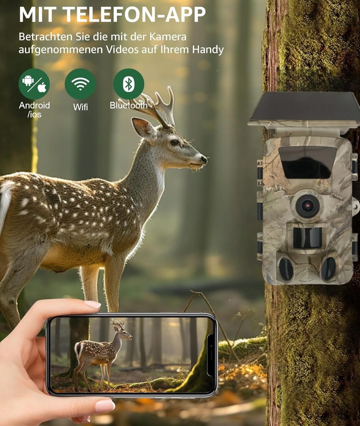 Wildkamera Solar WLAN mit Handyübertragung App, 5K HD Video WiFi Bluetooth Wildtierkamera mit Nachtsicht Bewegungsmelder, 5200mAh Solarpanel Akku 32GB SD-Karte Wildcamera Outdoor IP66 Wasserdicht
