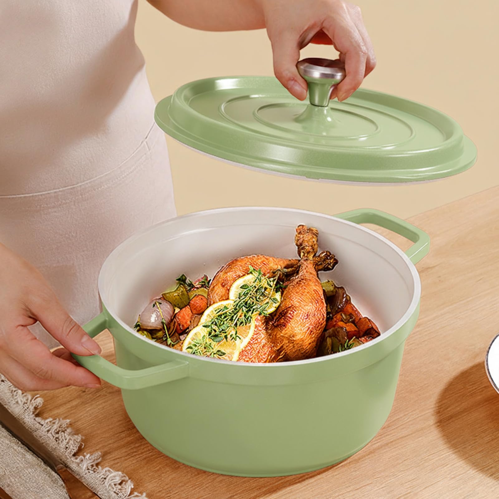Pentola in ceramica smaltata in alluminio pressofuso, adatta al forno: padella antiaderente, facile da pulire, con coperchio per tutti i piani cottura (verde, 4,75 l)