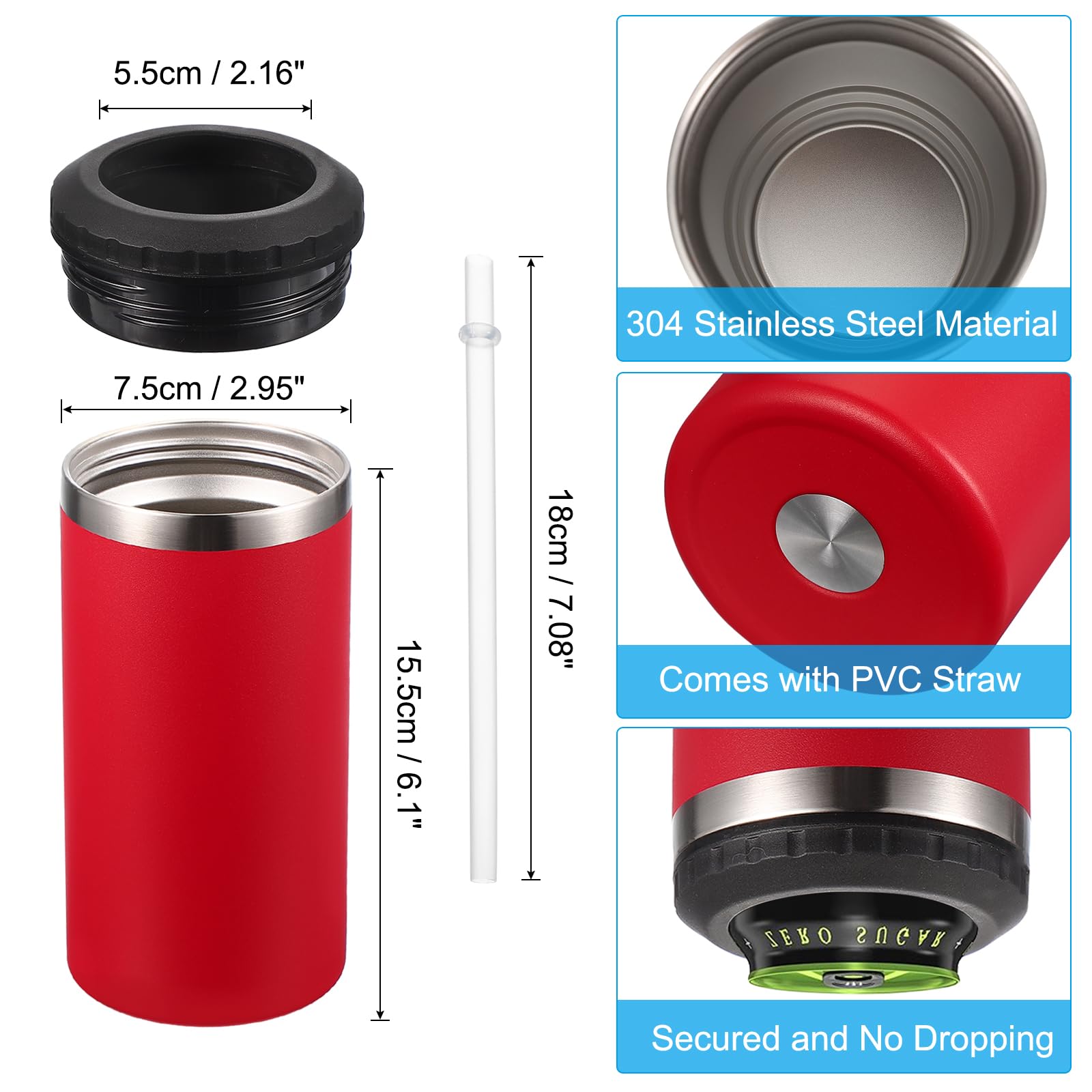 PATIKIL Slim Can Cooler, 16oz Skinny Can Insulated Beer Sleeve Drink Holder for Beer Soda Coffee Regular Cans and Bottles, Red - Image 2