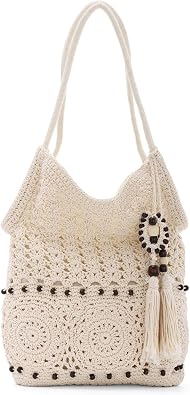 GOKTOW Crochet Shoulder Bag for Women Summer Beach Tote Bags Handwoven Cotton Hobo Vacation Purse with Tassel